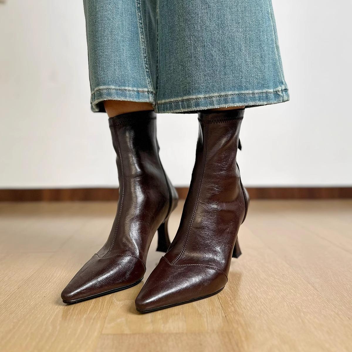 

High Heel Square Head Short Boots Martin Boots Spring and Autumn Fleece Single Boots Women s Boots Rear Zipper Short Boots Women s Thick Heel Boots 40