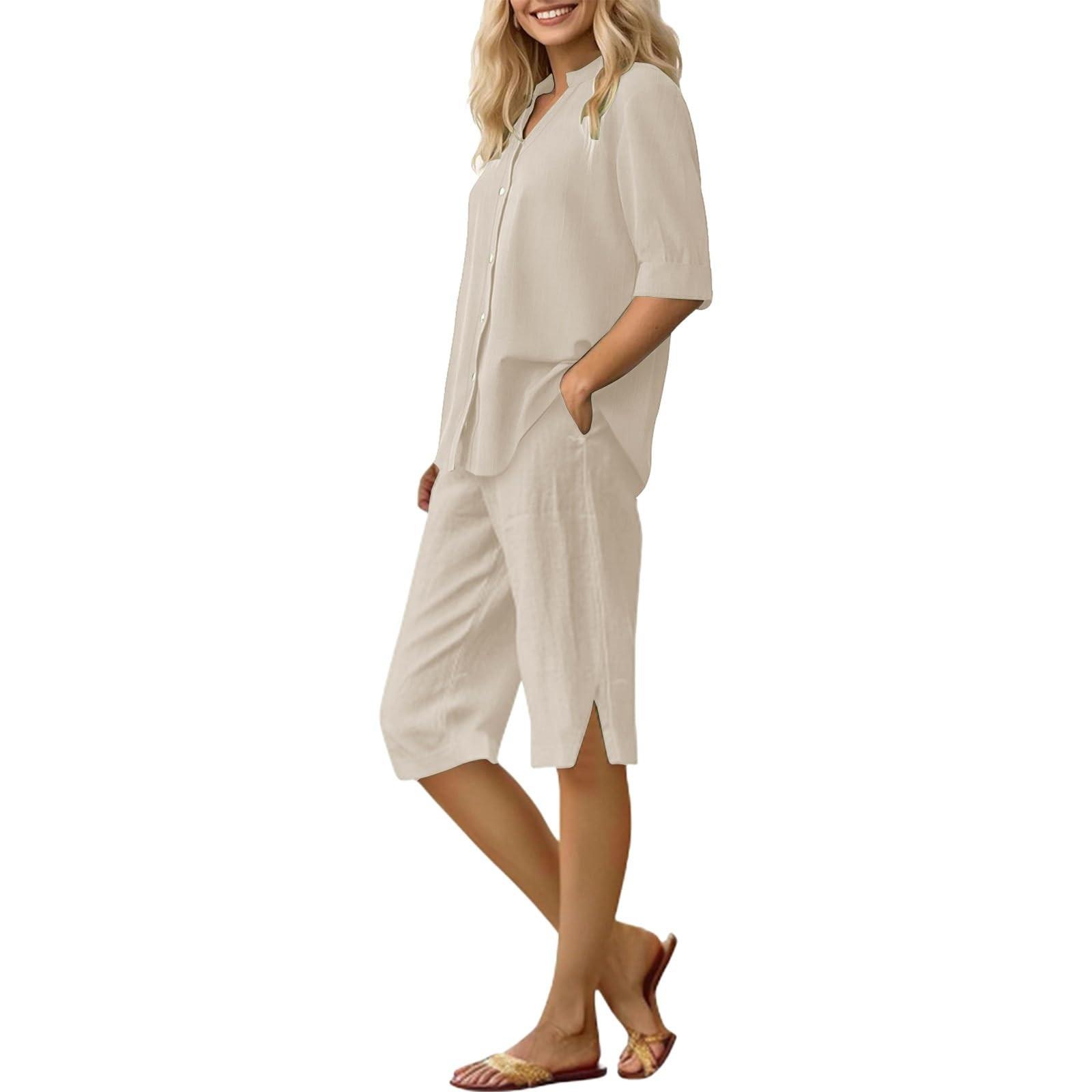 

Women s Loose Fashion Solid Color Cotton And Linen Seven Sleeves Cardigan Shorts Set L бежевый