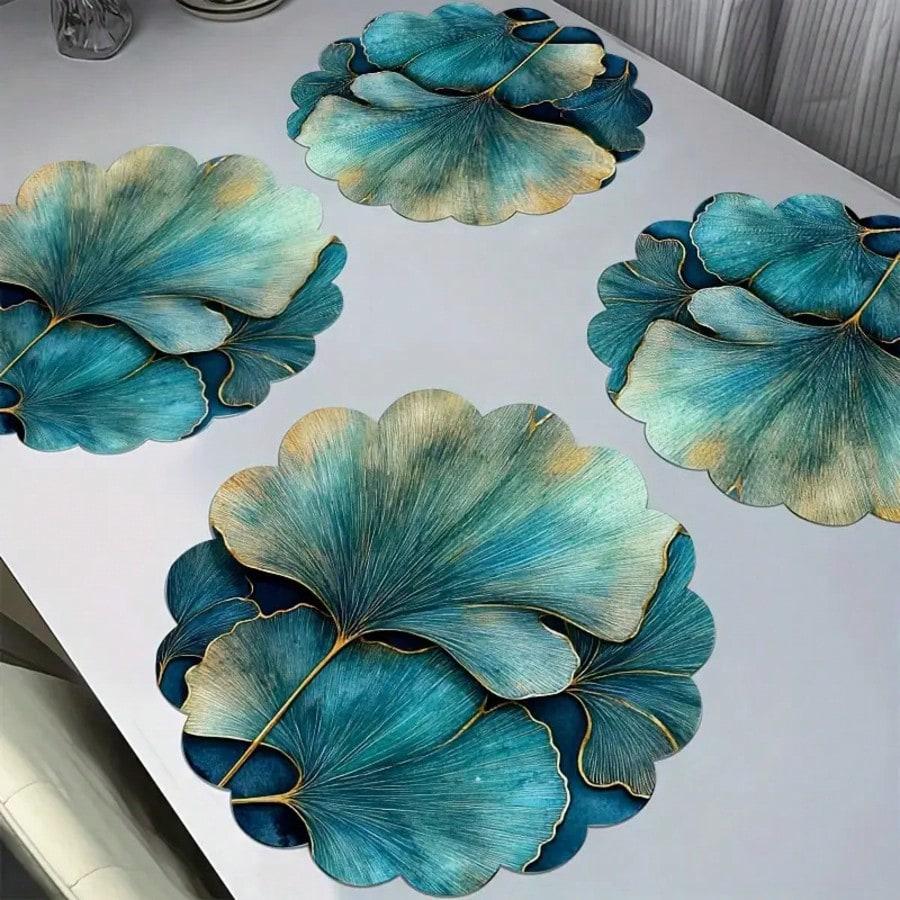 2/4 PIECES Blue Almond Leaf Table Mats - Washable, Anti-Slip, Heat-Resistant - Round Table Mats for Parties and Home Use