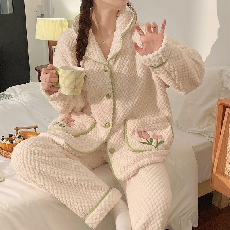 

Зимние пижамные комплекты с V-образным вырезом для женщин, студенток, можно носить пижаму с длинным рукавом, женский милый мультяшный принт, домашняя одежда Flance 2XL 70-80kg