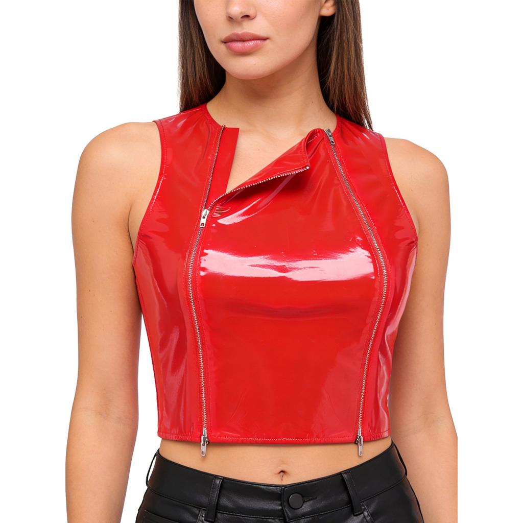 Ladies Glossy PU Leather Crop Top S-3XL Front Double Zippers Sleeveless Slim Tank Top for Club Rave Party Nightwear
