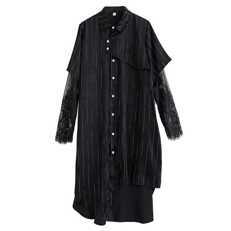 Dimanaf Plus Size Loose Dress Blouse Women 2025 Lace Stripe New Summer Style Black Shirt Dress