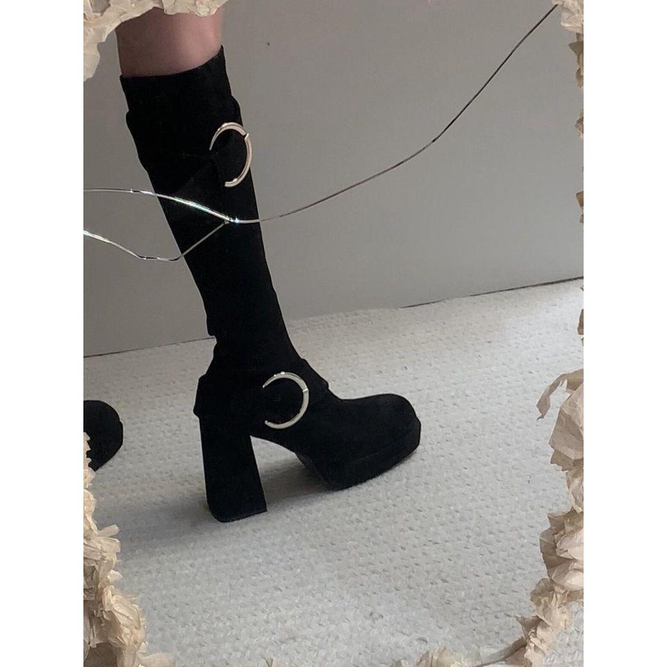 

Retro thick heel belt buckle thin boots women s 2025 autumn and winter new temperament black fashion versatile thin boots 40