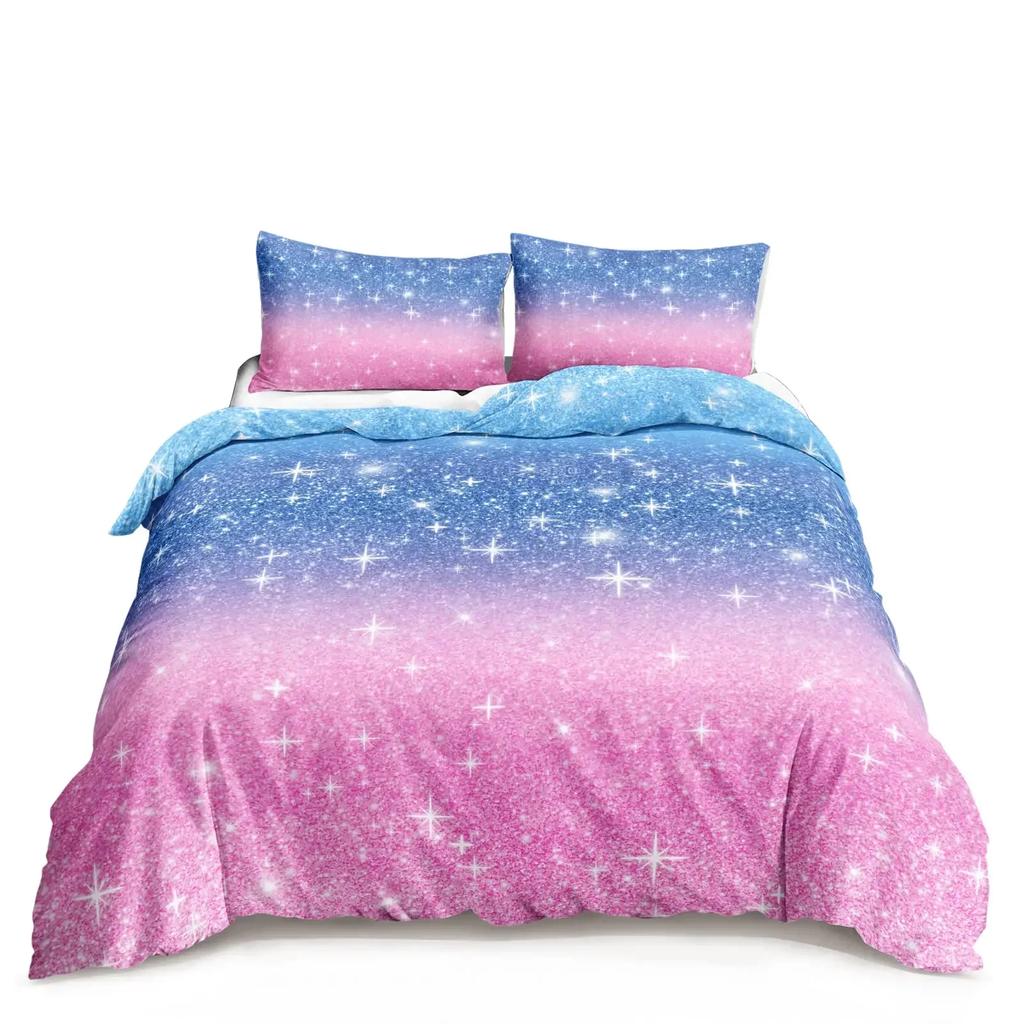 Comforter Kawaii Moon Starry Night Sky Blue Pink Purple Star Galaxy Bedding Sets Full Size For Boys Girls Comforter