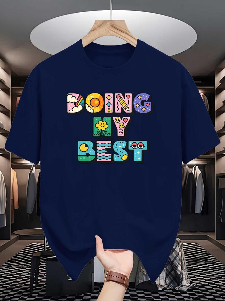Unisexs Doing My Best Cartoon Letter Graphic Tee O Neck Short Sleeve Cotton Tops Fun Positive Slogan Daily Casual Wear Young Unisex