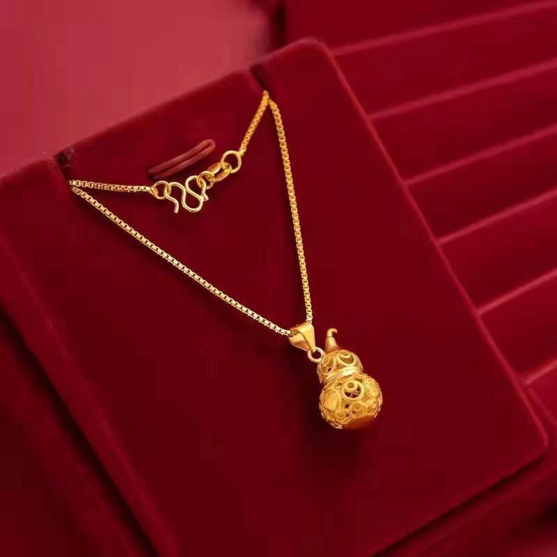 Fu Lu Ping An Hollow Gourd Pendant Necklace, Gold-Plated Brass O-Chain Clavicle Jewelry