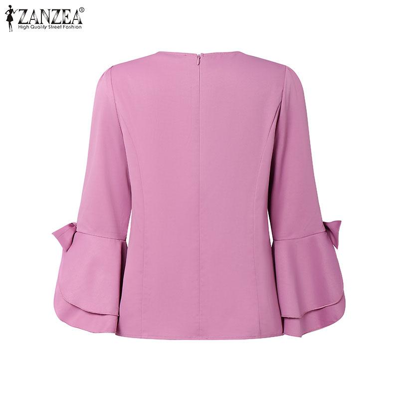 ZANZEA Women Casual Round Neck Flare 3/4 Sleeve Plain Blouse