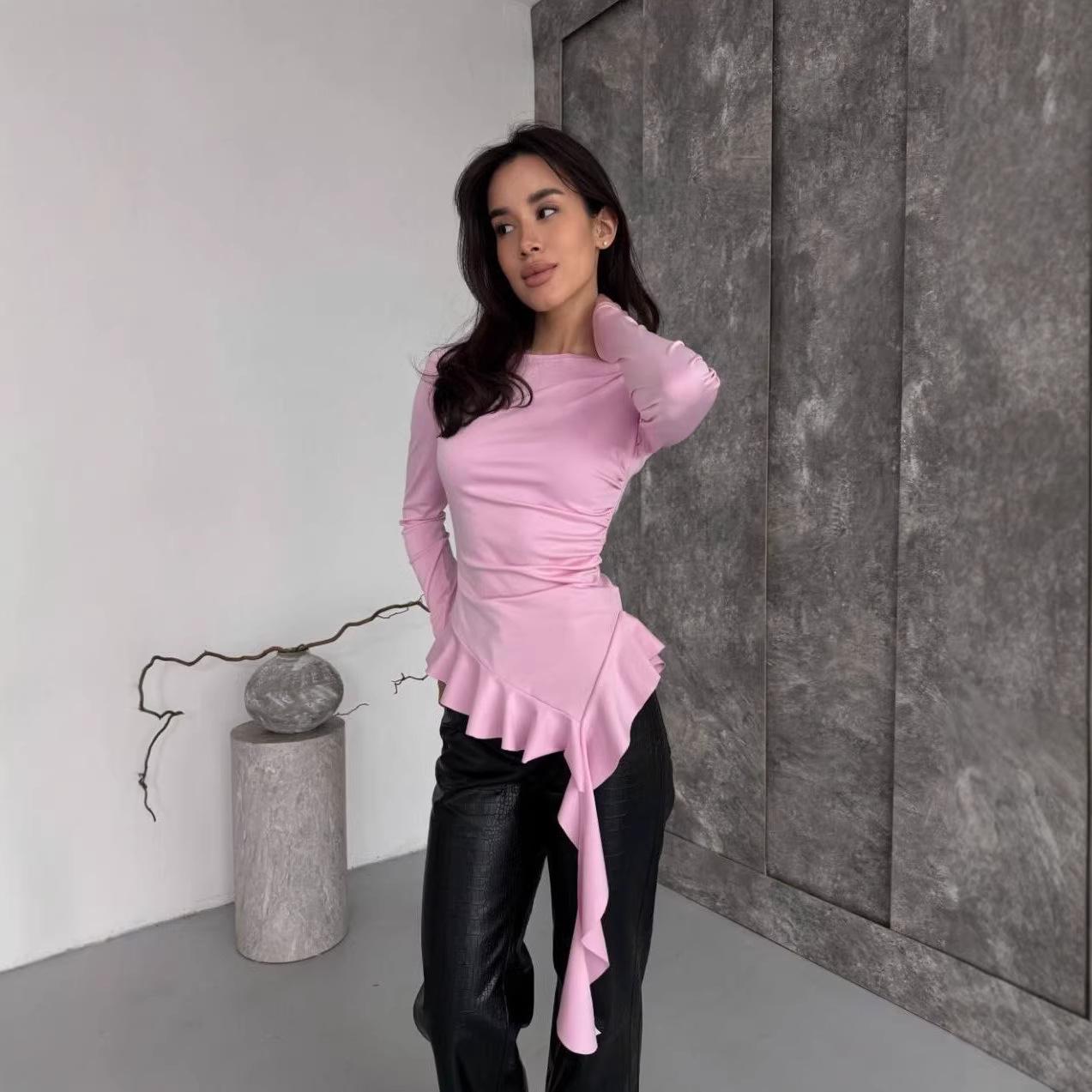 Spring/Summer 2026 Women s Slim Fit Knit T-Shirt with Irregular Ruffle Design and Long Sleeves Large розовый