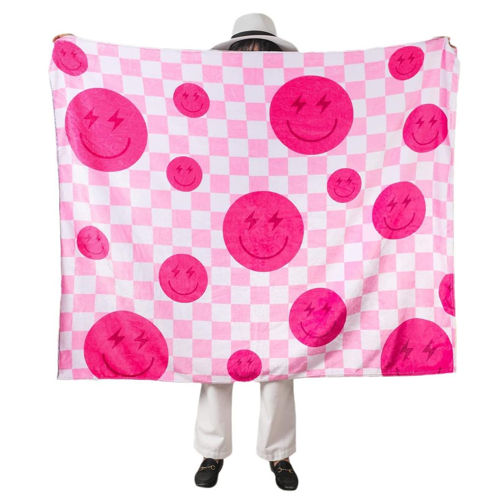 Happy Smiley Face Flannel Blanket Lunch Break Blanket Holiday Gift Pink Checkerboard Print