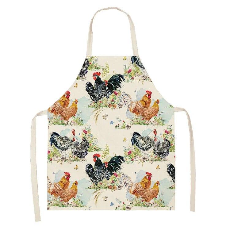 1pc Rooster Hen Printed Linen Apron Dinner Bib Kitchen Cooking Baking BBQ Stain Resistant Apron Home Cleaning Accessories