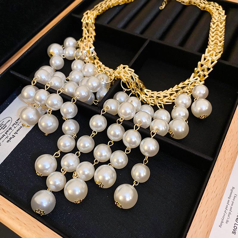 Metallic Letter M Faux Pearl Tassel Layered Necklace - Elegant, High-End Design for Women