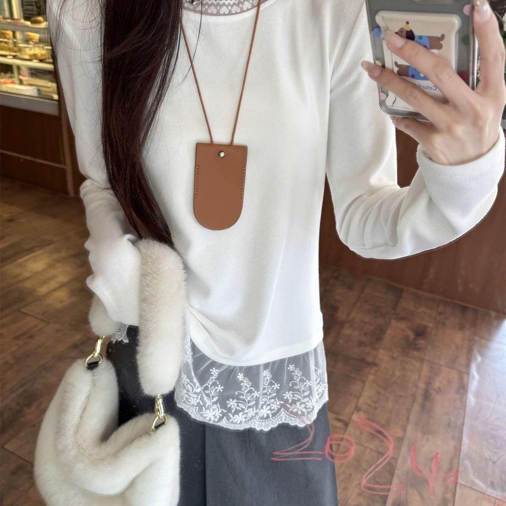 Women's Autumn/Winter Lace Patchwork Round Neck Shirt - Pure French Style, Long Sleeve T-Shirt, Fashionable Inner Wear