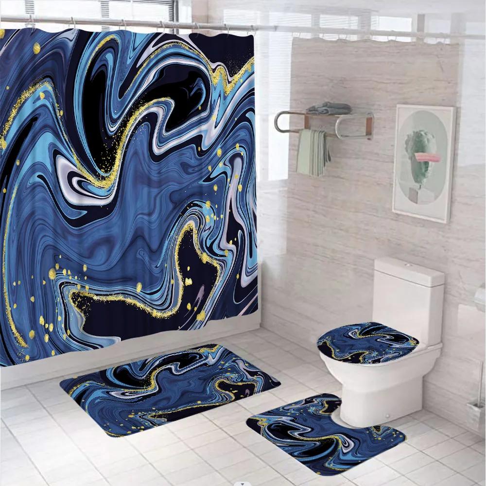Marbling 3D Shower Curtains Luxury Marble Blue Golden Veins Bath Mats Set Pedestal Rug Toilet Cover Bathroom Curtain With Hooks