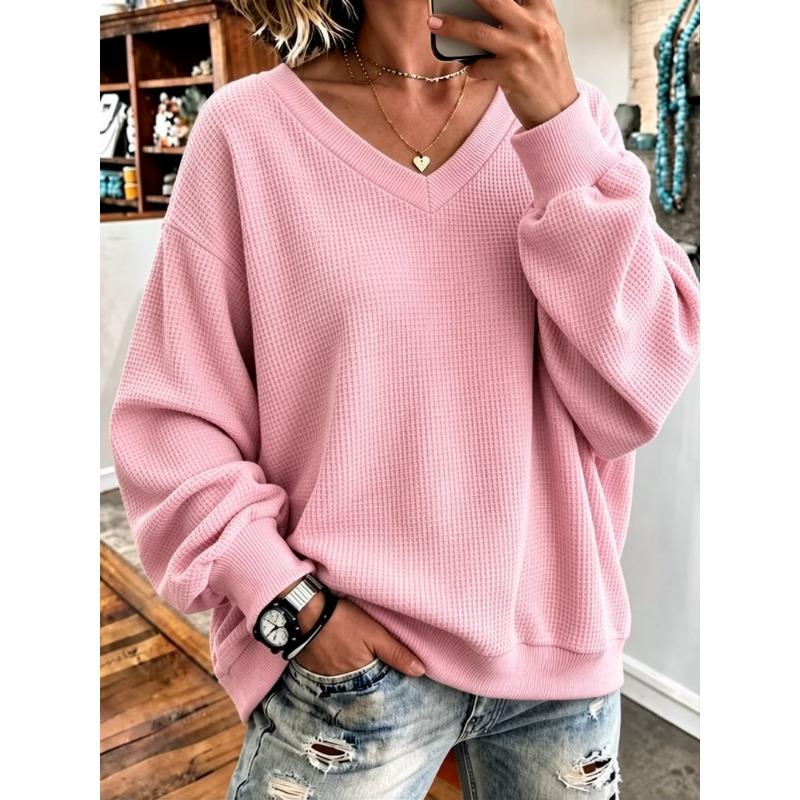 Women S Waffle Knit V Neck Long Sleeve Loose Casual Sweatshirt