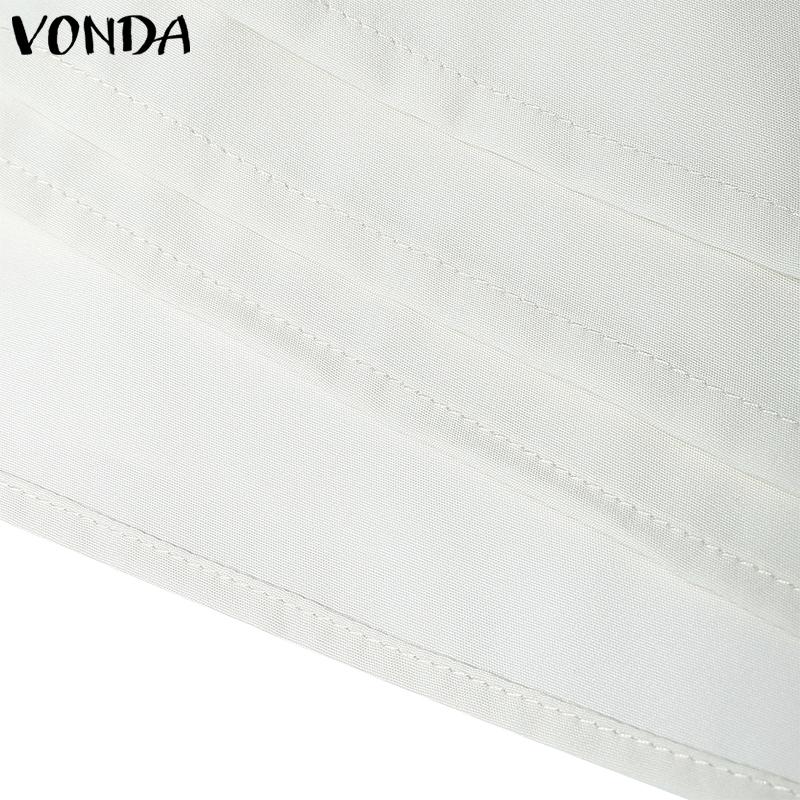 VONDA Women Casual Stand Collar Solid Color Long Sleeve Drawstring Waist Blouse Shirts