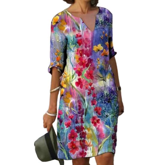 Vestido De Verano Suelto Una Línea Con Cuello En V Estampado Vestido De Verano Suelto Una Línea Con Cuello En V Estampado
