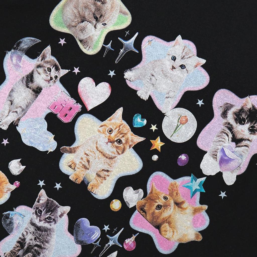 Streetwear Lovely Cats Graphic Black T-Shirt Cotton Unisex Tops Tees Summer Short Sleeves T Shirt