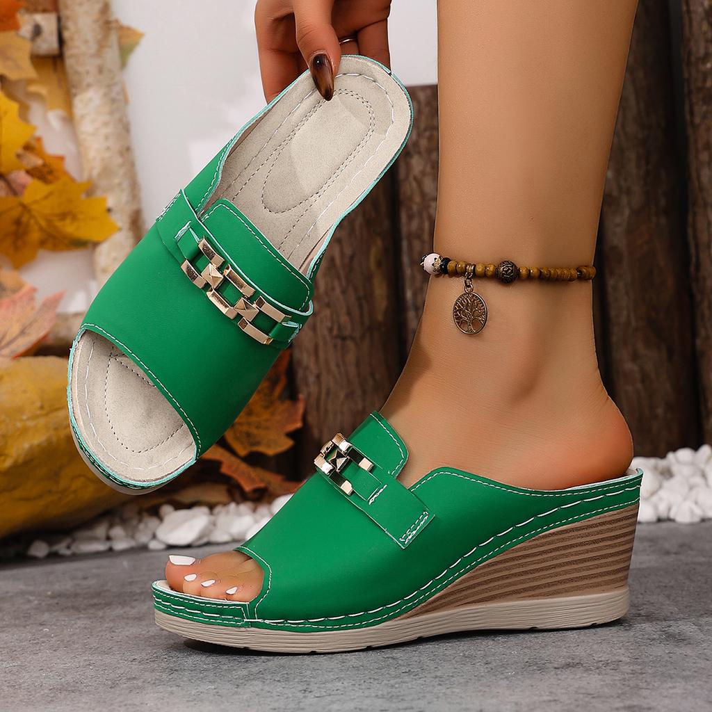 Women Sandals Casual Fashion Simple Metal Buckle Sandals Thick Heel Slip-On Shoes Women Large Size Cross-Border Slides Women