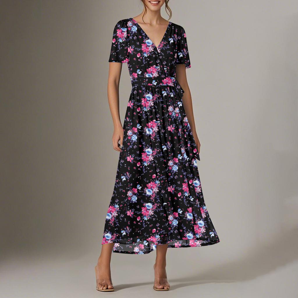 Women's Summer Floral Bohemian Dress Wrap V Neck Short Sleeves Ruffle A-Line Flowy Maxi Dress Summer Dresses For Women