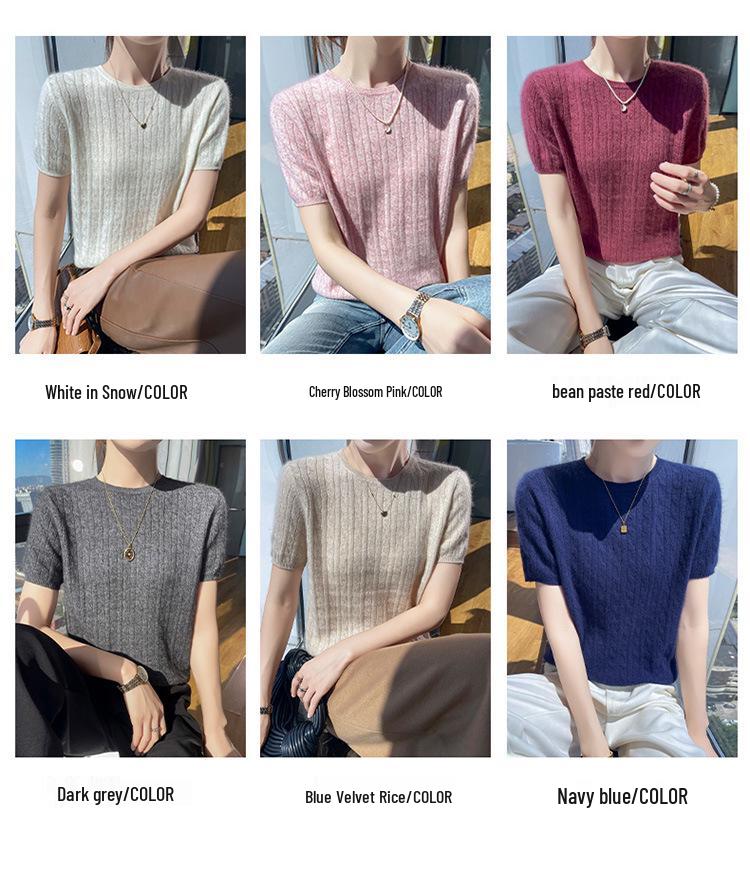Women's Cable Knit Cashmere Sweater - Round Neck, Five-Sleeve, Solid Color, Perfect for Spring and Autumn.
