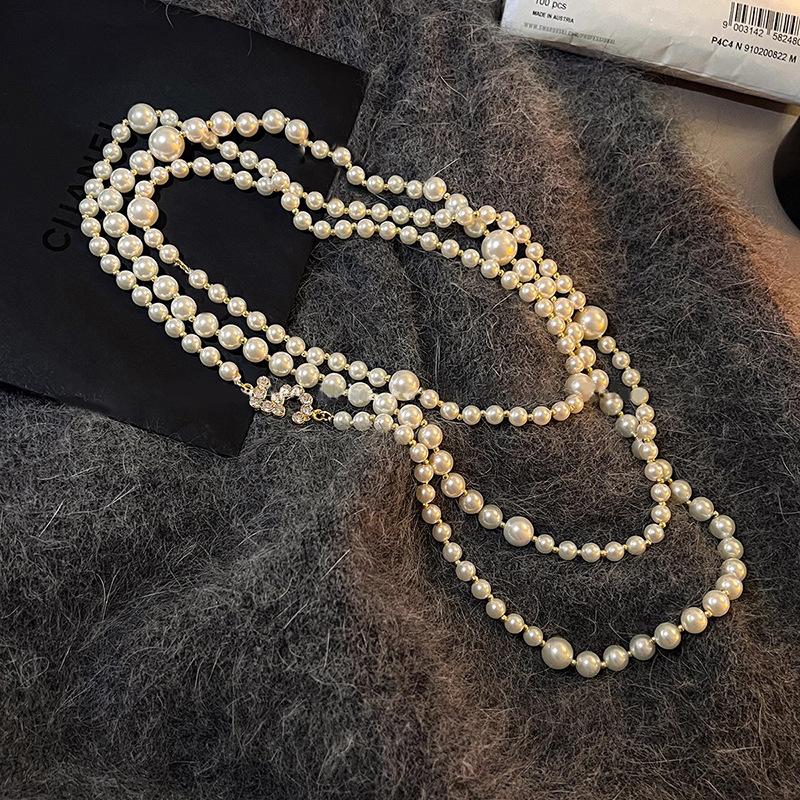 French retro zircon digital pearl necklace accessories women's beaded sweater chain light luxury items