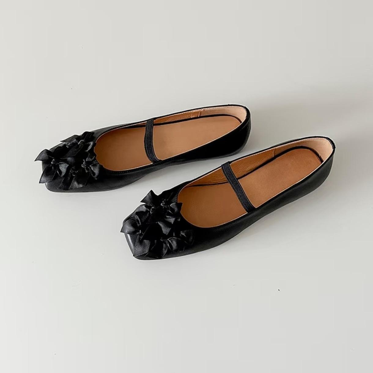 

Sheepskin version~ 2025 summer new one-word with square head Mary Jane shoes, flower medium thick heel single shoes women s skirt 35 чёрный