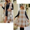 BITCED Women's Longline Blazer-Collar Sleeveless Knit Cardigan Check Jacquard Knitted Vest Outerwear Cardigan
