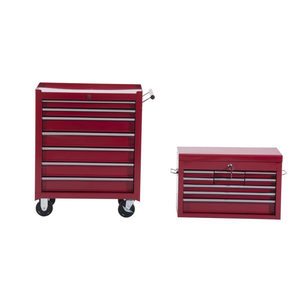 Workshop Trolley with Tool Box, Empty Lockable Tool Cart with Drawers, Tool Compartment, Keys and Non-Slip Mats, Red