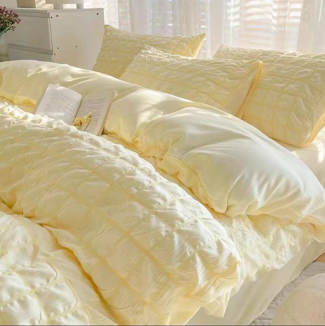 Girls Bubble Gauze Bedding Set Summer Cooling Soft Comforter Cover Kit Solid Color Skin Friendly Sleeping Naked Bedclothes