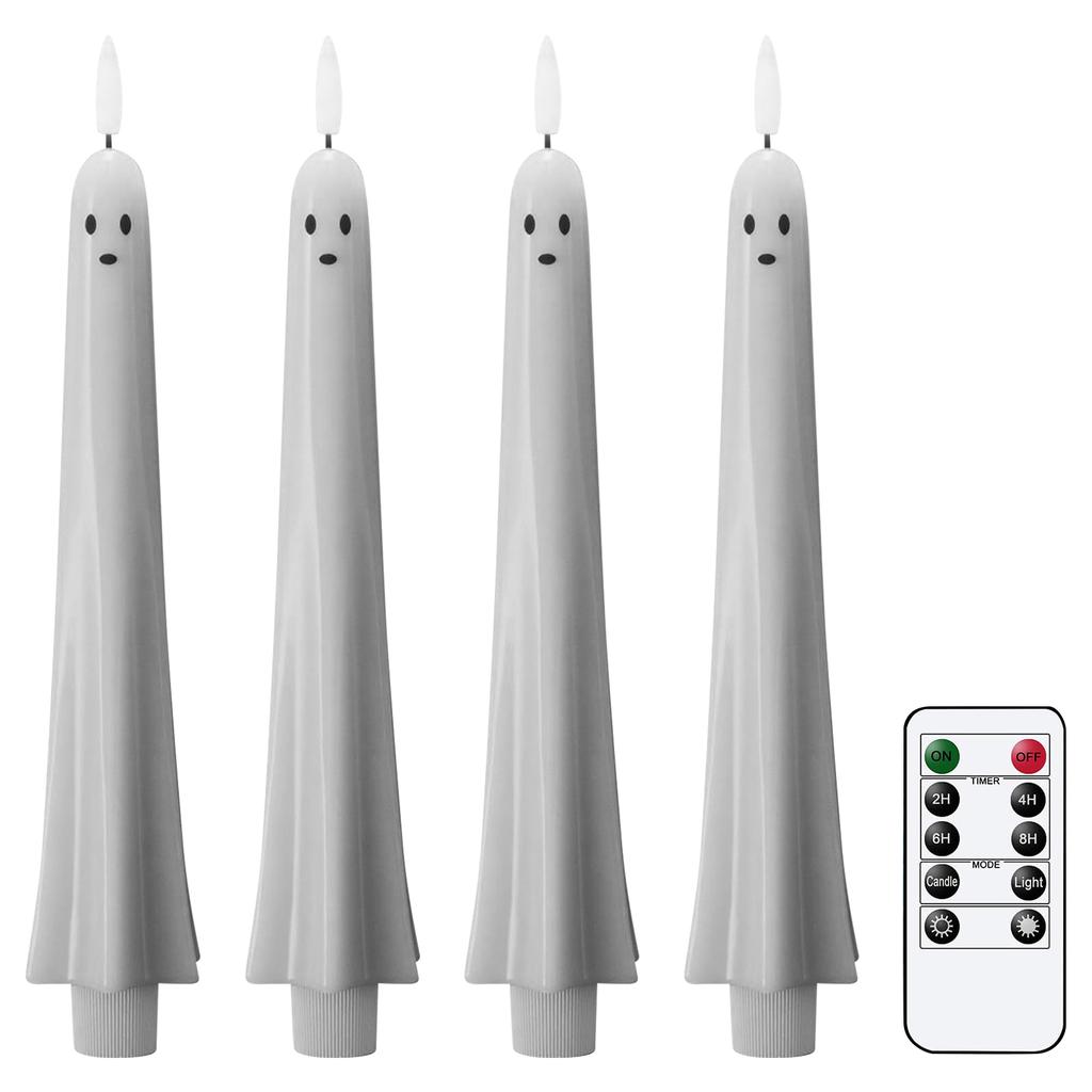 Flameless Flickering Taper Candles With Remote And Timer, Battery Operated Real Wax Spooky Face LED Candles Fireplace Halloween Holiday Decor