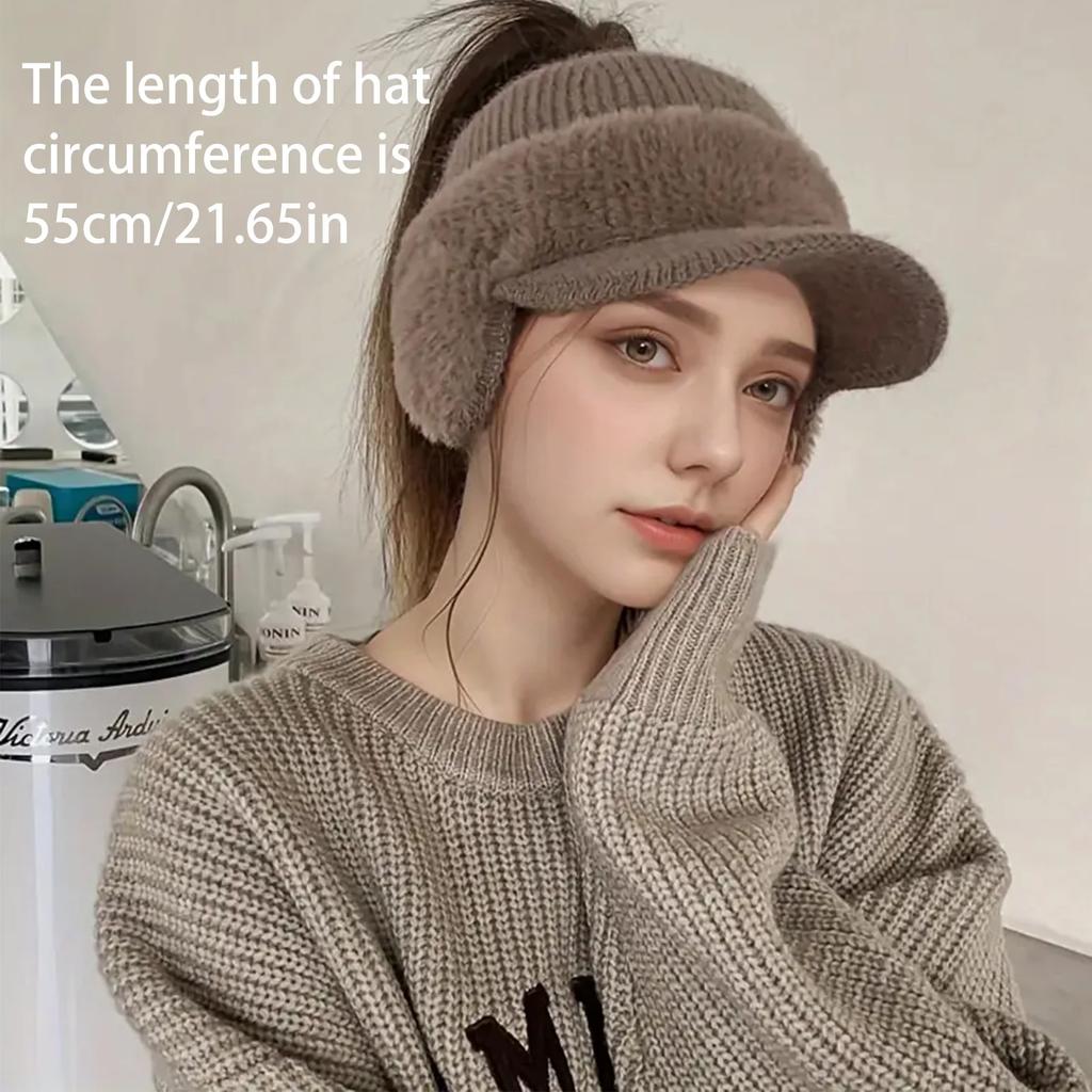 Ponytail Knitted Baseball Cap Warm Open-top Hat Women Autumn and Winter Thickened Cycling Cold-proof Ear-protecting Baseball Cap