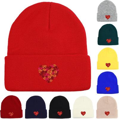 Blumen Herz Print Strickmütze Beanie,Beanies Bonbonfarbe Slouchy Einfarbig Mütze Gestrickte Mütze Beanie