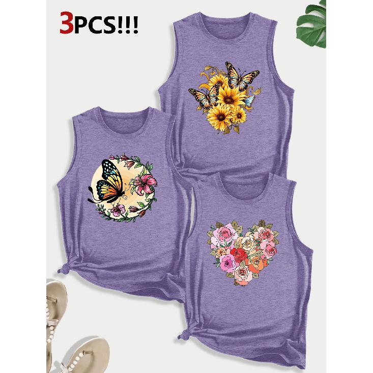 Sunflower and Butterfly Combination Gift Print Pattern Round Neck3Pack of Sleeveless Vests for Women In Spring, Summer, and Autumn