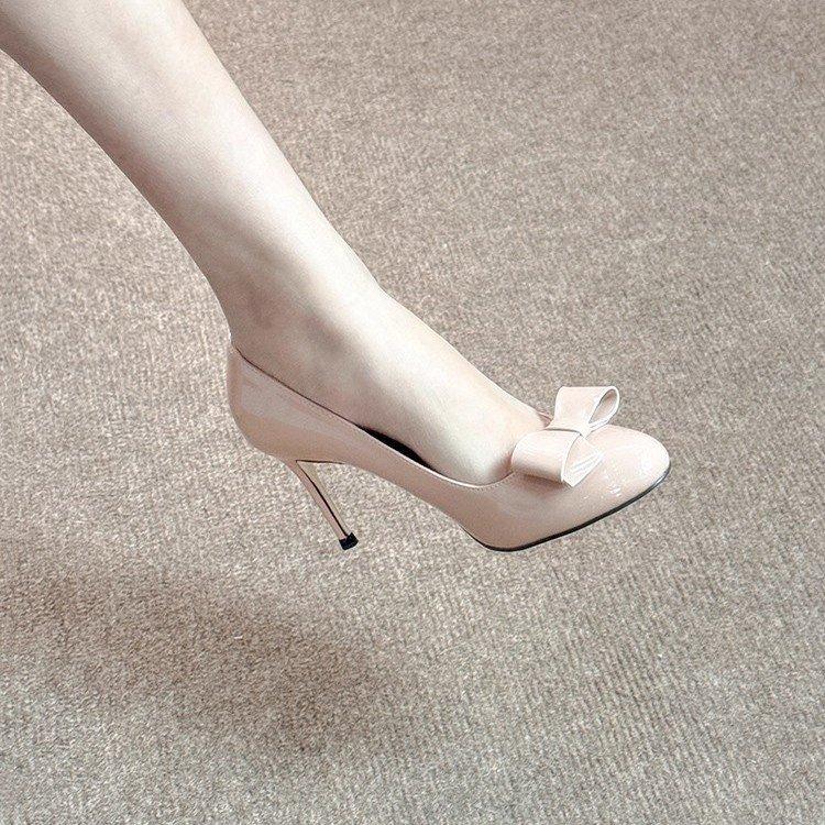 Nude High Heels 2025 New French Round Head Bow Thin Heel Light Mouth Beautiful Cong Yuanfeng Same Single Shoes Women