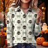 Women's Casual Long Sleeve Knit Top with Halloween Print and Turn-Down Collar