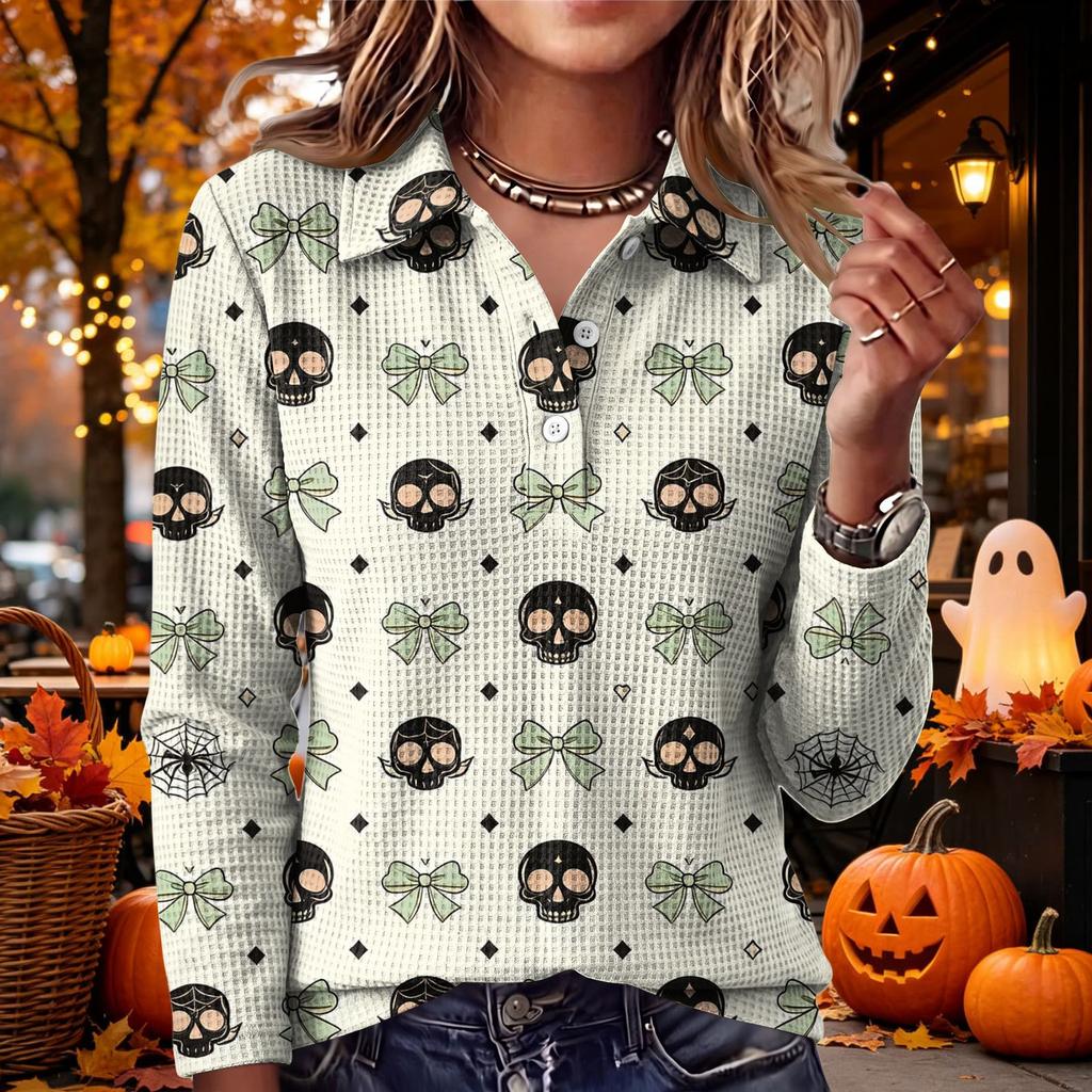 Women's Casual Long Sleeve Knit Top with Halloween Print and Turn-Down Collar