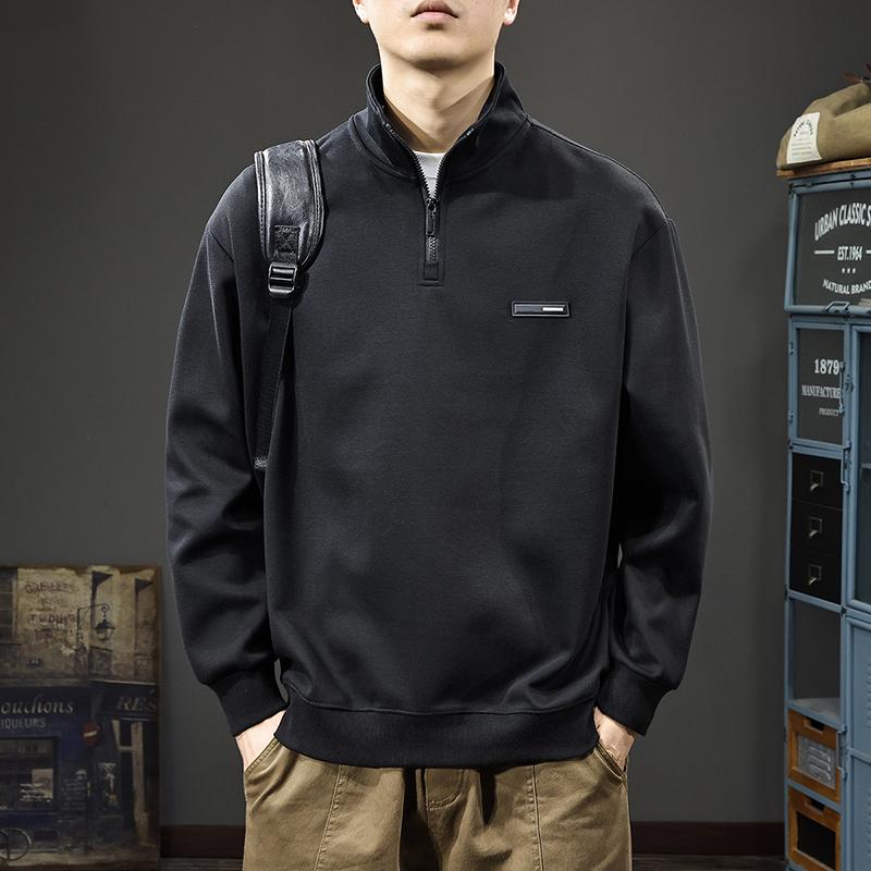 

Осенний высококачественный мужской свитер с воротником-стойкой, рубашка-поло в стиле ретро с длинными рукавами, американская свободная тяжелая спортивная куртка 4XL чёрный