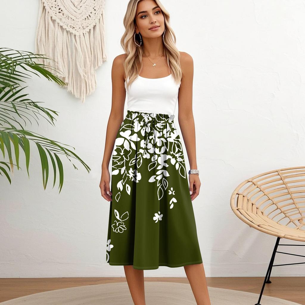 Damen Casual High Waist Kordelzug A-Linien-Rock Druckrock