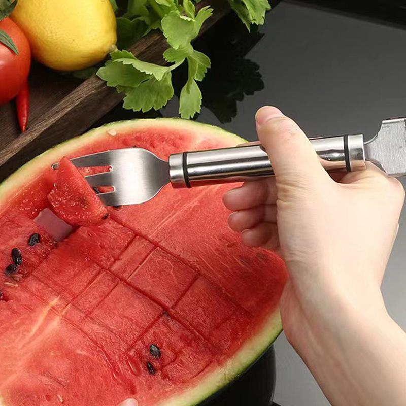 2-In-1 Stainless Steel Fruit Cutters Dual Head Watermelon Fork Cutter Slicer Tool For Home Kitchen Gadget Melon Cube Cutter