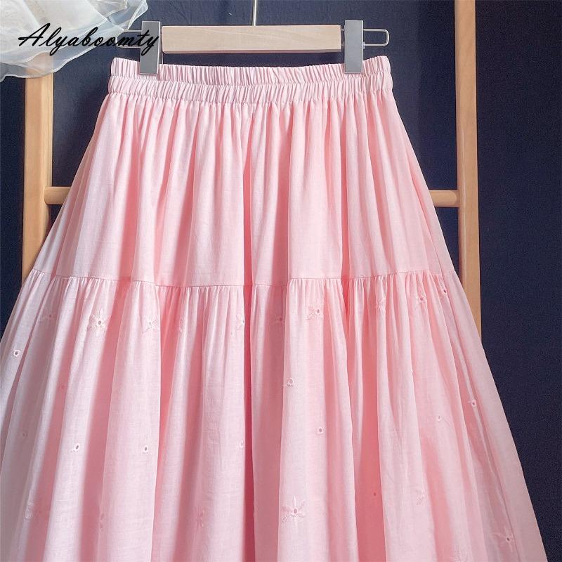 Japanischer Mori Girl Frühling Sommer Damen Midi Rock Hohe Taille Rosa Ausgeschnittener Rock Baumwolle Weich Florale Stickerei Süße Röcke Damen