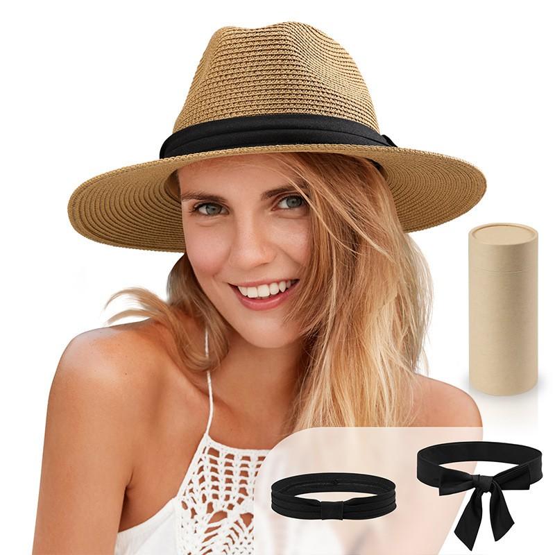 Womens Wide Brim Paper Straw Hat Beach Vacation Sun Protection Foldable Panama Style