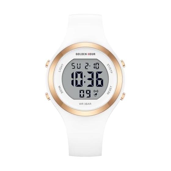 GOLDEN HOUR Waterproof Sports Women's Digital Chronograph Silicone Strap Watch, Rose Gold/Starlight/Milk White. , Moda