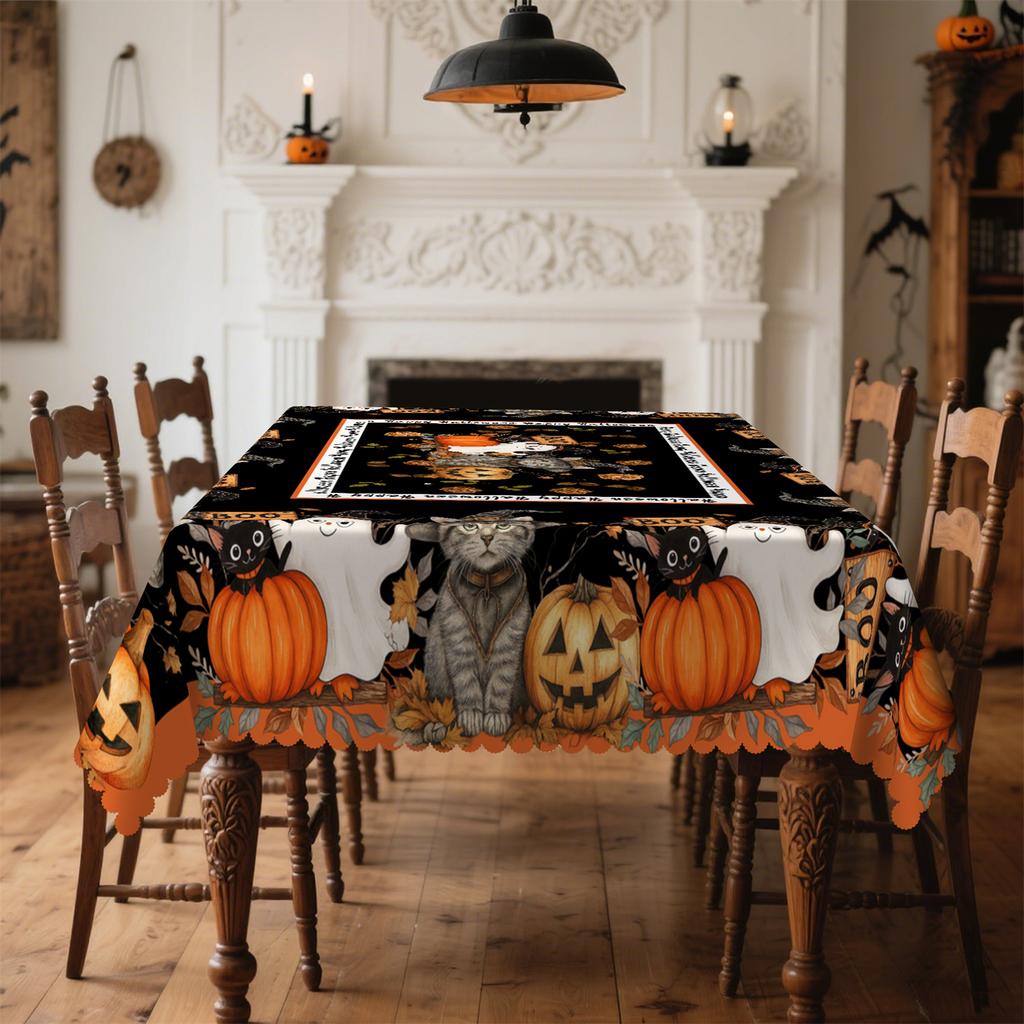 Pumpkin lantern, cat witch hat, dried leaves, Halloween tablecloth, suitable for rectangular and round tableszyc