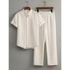 Herren Sommer Weißer Anzug Outdoor Reiseanzug Einfarbig Vertikaler Streifen Revers Kurzärmeliges Hemd Kordelzug Hose Zweiteiliges Set