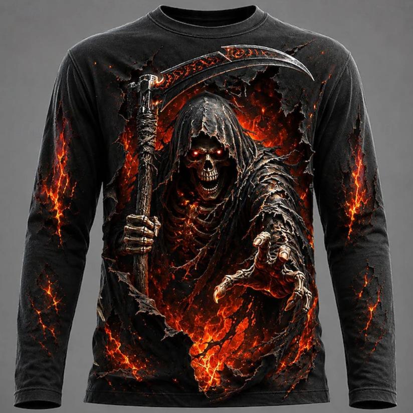 Gothic Grim Reaper Fiery Print Long Sleeve T-Shirt, Bold Edgy Style