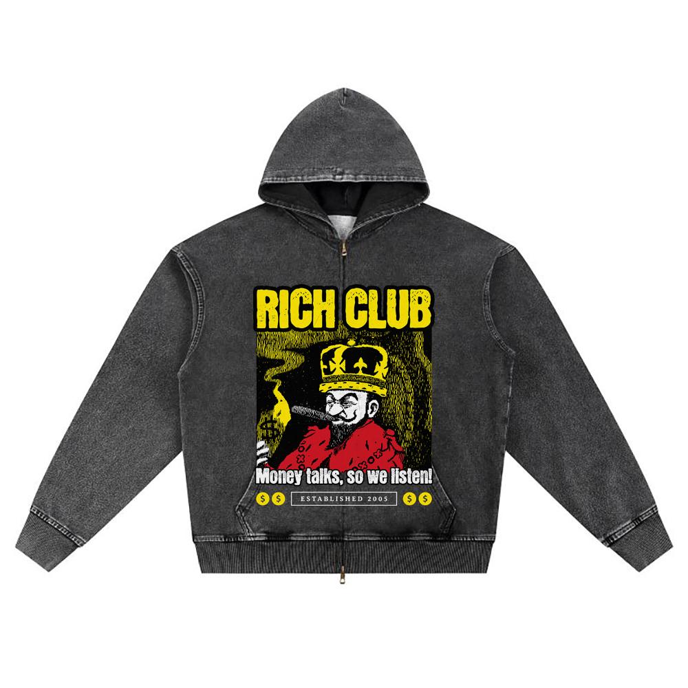 DTG print Knitted Denim Zip-Up Hoodie Rich Club Brother Print Zipper Hoodies