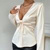 European and American sexy tops v-neck bow lace-up long-sleeved women's shirts new high-end shirts