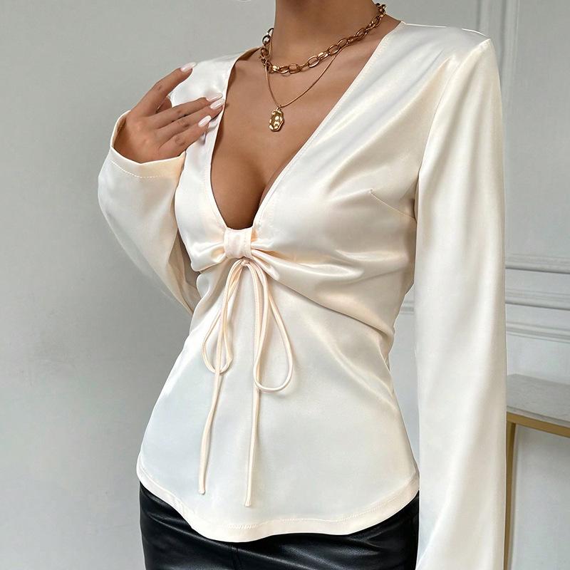 European and American sexy tops v-neck bow lace-up long-sleeved women's shirts new high-end shirts