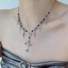 Hip-hop Personality Sliver Color Cross Tassel Pendant Red Crystal Beads Necklace for Women Punk Gothic Halloween Jewelry Gift