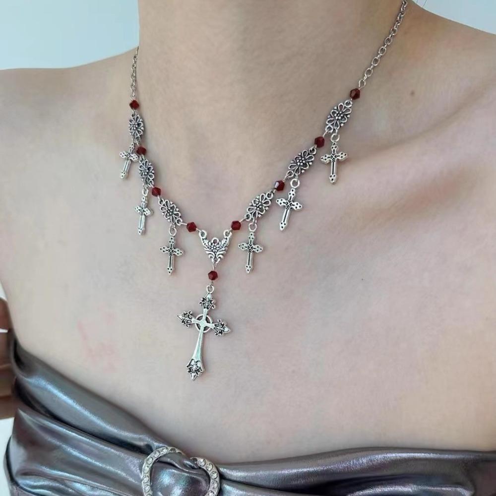 Hip-hop Personality Sliver Color Cross Tassel Pendant Red Crystal Beads Necklace for Women Punk Gothic Halloween Jewelry Gift